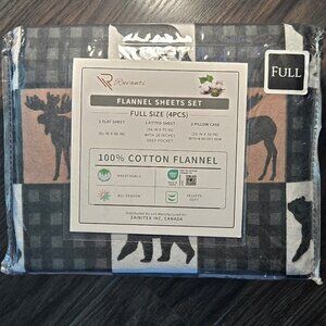 RUVANTI 100% Cotton Flannel Moose & Bear Themed Full Sheet Set NEW IN PACKAGING
